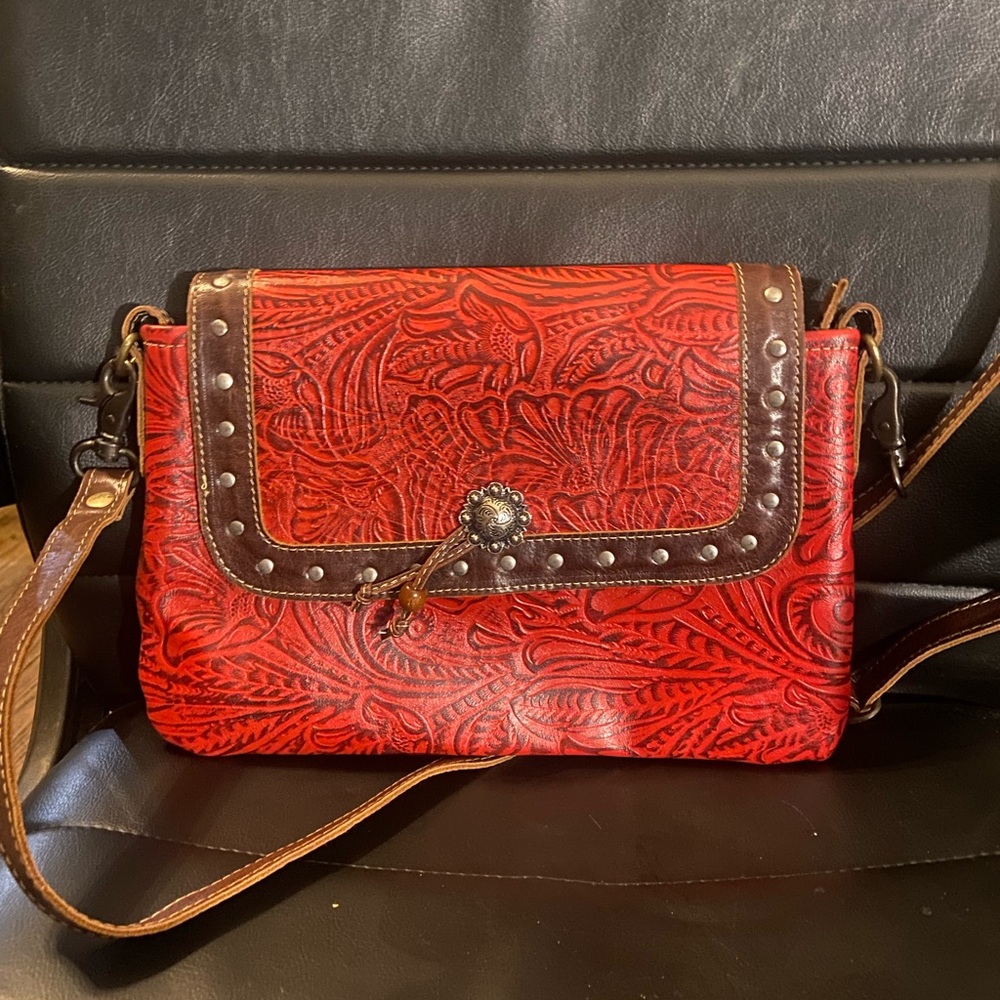 Mrya CHERRY POPS LEATHER & HAIRON BAG Red Handbag Purse Tooled